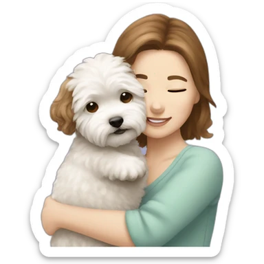 a brown-haired white woman hugging white maltipoo sticker