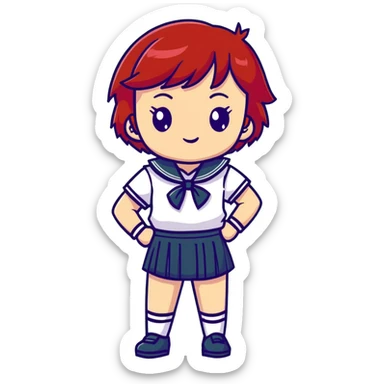 Serious anime girl with short bright red hair wearing Japanese sailor style school uniform, composed expression with hand on hip, confident and stern sticker