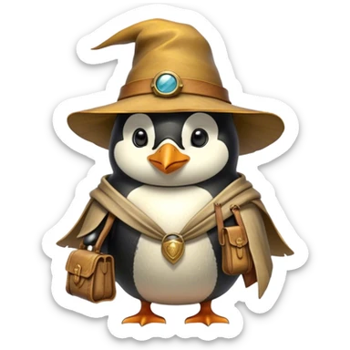 A explorer penguin inspired by Indiana Jones, wearing a weathered yellow enchanted hat and a flowing cape. It carries a leather satchel with ancient scrolls. Cartoon-style, smooth shading, highly detailed, no background sticker