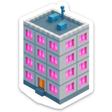Russian panel apartment building, compact square block, light gray, pink glowing windows, isometric view sticker
