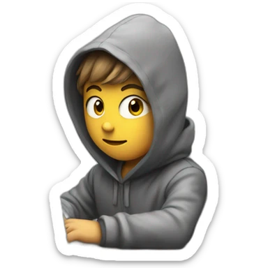 Young boy with a hood behind his computer and focus on his code  sticker