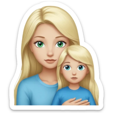 blonde baddie girl  with blue-green eyes, Long lashes, long hair, Hold little Boy with light blue eyes sticker