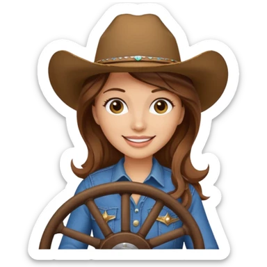 ["Light-skinned cowgirl, brown hair, wearing a cowboy hat, holding the wheel."] sticker