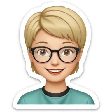 Happy woman with very short hair and glasses having haircut emoji sticker