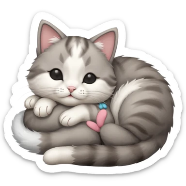 grey and white small cat with eyes closed lying down upside down with its head resting on its paw sticker