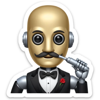 Robot with a cylindrical head, handlebar moustache, no pupils, wearing a tuxedo, buff sticker