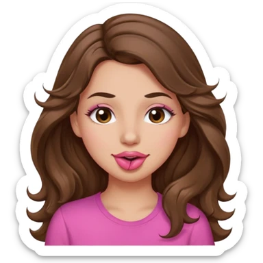 girl with long wavy brown hair, brown eyes, light to medium complexion, in a pink shirt, pink lips, long lashes, puckering lips kissing, winking with one eye sticker