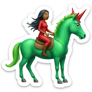a green amazon alien woman, on a four-legged red unicorn sticker