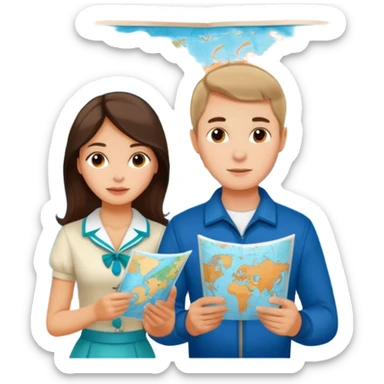 Russian young man and elegant fair-skinned Latina girl in cute costal outfits with a map planning  sticker