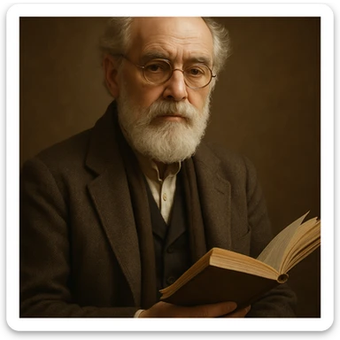 an intellectual poet with round gold glasses, a white beard, and a book in his hand, dignified and thoughtful expression sticker