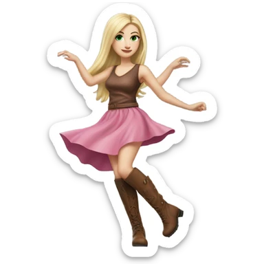 Realistic White girl with Long straight blonde hair, green eyes, tattoos, full body wearing pink dress and Brown knee-high leather boots, dancing sticker