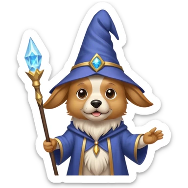 A dog that looks like a wizard, wearing a pointed wizard hat, holding a magic wand, and wearing headphones. sticker