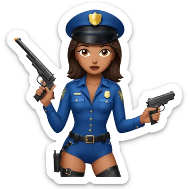 A sexy girl. with caramel skin. Dark brown hair and brown eyes. She has freckles. Wearing sexy makeup. Dressed as a sexy cop. wearing lingerie and heels. Holding a gun sticker