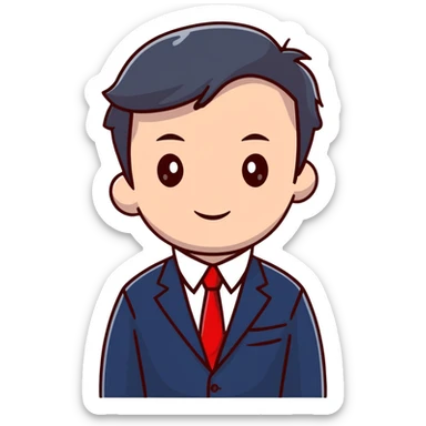 man wearing a dark blue-gray business suit with a white shirt and a red tie sticker