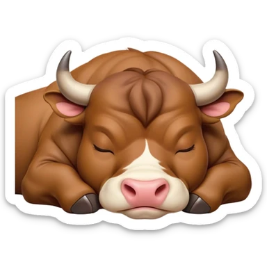 meme-worthy-cute-sleeping-domestic-bull-portrait-emoji,-head-resting-peacefully-with-a-contented-smile,-showcasing-a-robust,-muscular-build-and-a-luxuriously-soft-coat,-eyes-gently-closed-in-serene,-restful-slumber,-simplified,-solid-brown sticker