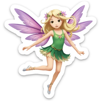 A winged flower fairy girl, wearing a short skirt, one leg straight and the other bent, her body tilted, in a flying pose. sticker