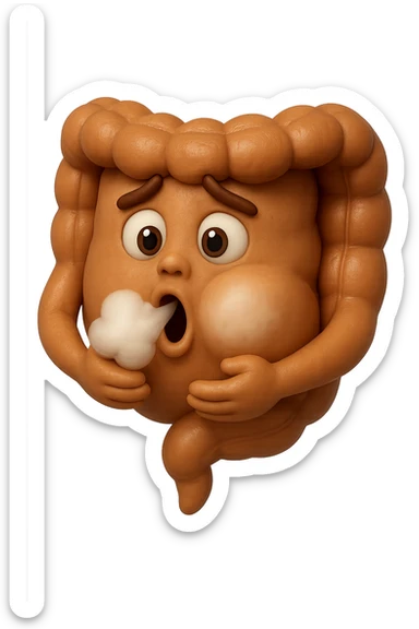 emoji stile iphone di un intestino che ingoia una nuvoletta di aria ben visibile e gli si gonfia la pancia, iperrealistico 4k sticker