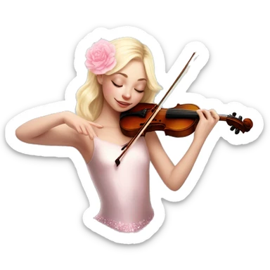 fairycore ballet blonde with skin girl with soft pastel tutu playing violin with peonies and sparkles realistic sticker