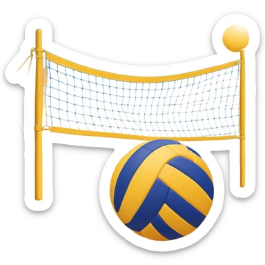A volleyball resting on the yellow sand on a beach, with the net in the background and a scenic view of the ocean and sky. The scene captures the relaxed yet competitive vibe of beach volleyball, with warm sunlight and the natural beauty of the beach. sticker
