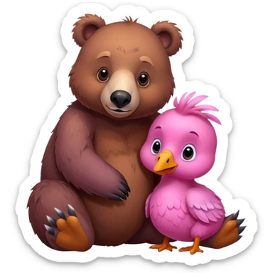 A cute realistic brown bear and a realistic cute pink dodo closely together sticker