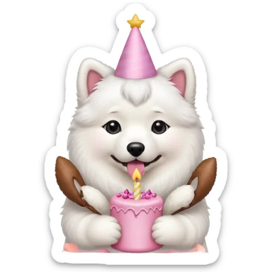 cute samoyed hold a pink birthday cake in both arms with pink birthday hat sticker