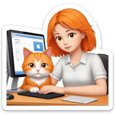 A girl is working in front of a computer, and a cat is lying next to the computer sticker