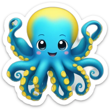 A blue cute octopus with a big smile with yellow under arms, blue coloured itself, Disney style sticker