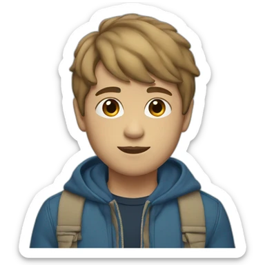 The boy has brown bangs with beige skin and a blue jacket and blue pants sticker