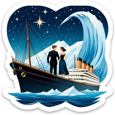 Icon for Titanic Movie: A vintage movie poster-style design featuring a dramatic scene of the ship, the iceberg, and a romantic silhouette of the main couple. Include elements like the ship’s bow, water splashes, and a starry sky in the background. Retro cinematic feel. Transparent background. sticker