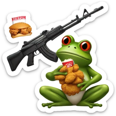 Frog with Ak 47 with a KFC fried chicken on his head sticker