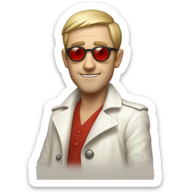 <excerpt>
A white man with real short hair, donning small red tinted sun glasses in a white trench coat, is an alchemist.
</excerpt> sticker
