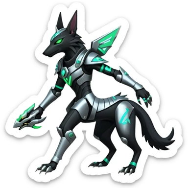 Black and green cyberpunk intricate neon glowing grey white futuristic cyborg-Anubis-Hermanubis-Zeraora-Zoroark-Luxray-fusion (full body) sticker