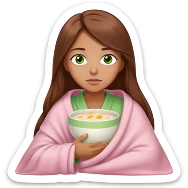 woman with very long brown hair and green eyes in a light pink blanket sleepy with porridge sticker