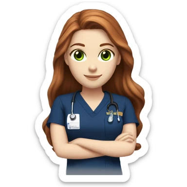  White girl fair skin, long auburn hair, green eyes, navy blue scrubs sticker