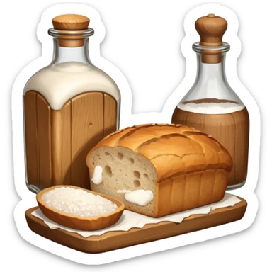 a bottle of salt (salt cellar) and a loaf of peasant bread - still life composition sticker