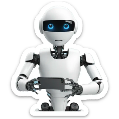 a humanoid robot looking at his iphone sticker