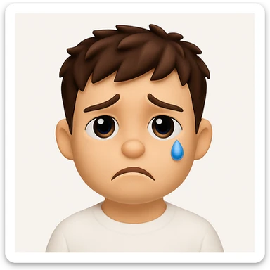 Create a 3D cartoon emoji character with a large head, big eyes, smooth skin, simple features, and a sad face. The style should be clean, modern, and minimalistic with soft lighting and a white background. The character should be front-facing and inspired by the Apple Memoji/Pixar style as shown in the reference image. sticker