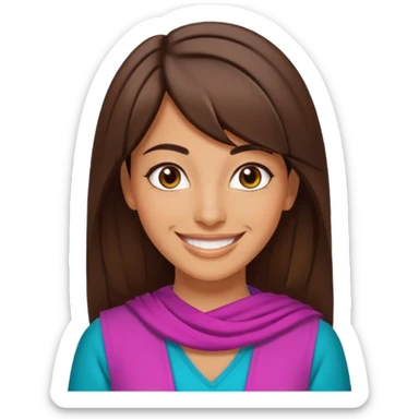 30 yr old middle eastern woman straight brown hair side bangs big smile tanned skin brown eyes colorful clothes sticker