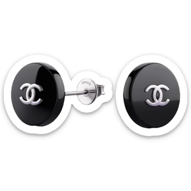 a pair of 3D emoji-style Chanel logo stud earrings, glossy black with silver accents, elegant sticker
