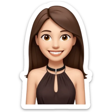 emoji-style illustration of a stylish pretty big smile woman with long straight brown hair, wearing a dark halter neck dress, elegant and minimalistic look, front-facing, soft 3D cartoon rendering, plain background sticker