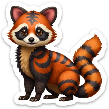 A Colorful exotic tropical tribal cute happy realistic esoteric patterned fluffy furry dark civet-cacomistle-genet-red-panda-oncilla-Fakémon-fursona-hybrid-fusion-animal-creature, full body, 4-legged sticker