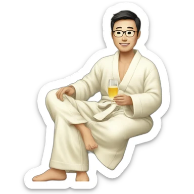 A Korean man in a bathrobe on the sofa with a glass of champagne sticker
