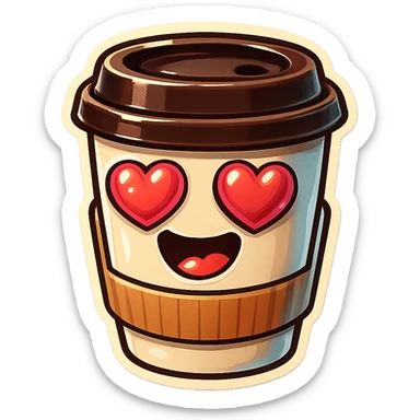 Ink wash style, coffee cup creature, big heart eyes, dopey smile sticker