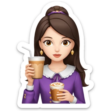 white brunette with brown eyes and a coquette outfit, drrinking caramel machiatto sticker