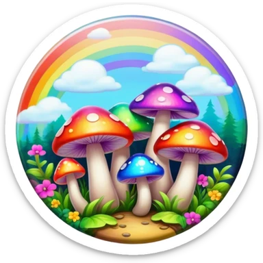 A round psychedelic colored button with bezeled edges and rainbow colored mushrooms sticker