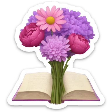 A still-life painting style: a violet book with a bouquet of pink daisies and dark pink peonies, candlelight illuminating the scene. sticker
