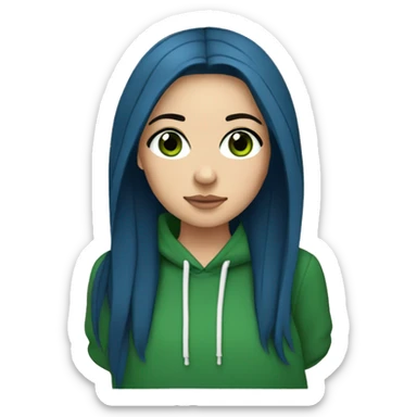 white girl with long straight dark blue hair wearing green hoodie and black eyeliner sticker