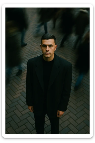 overhead shot of me standing still on a brick city sidewalk, wearing a dark oversized blazer,motion-blurred crowd rushes past around me. Moody lighting, 35mm film look, shallow depth of field, sharp focus on me. sticker