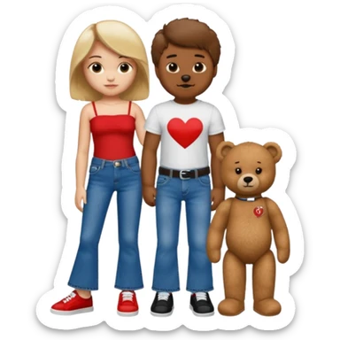 A boy and a girl teddy bear for the boy bear put on true religion shirt and jeans with black shoes and for the girl put flare jeans and a red tube top and white shoes just bears not the humans  sticker