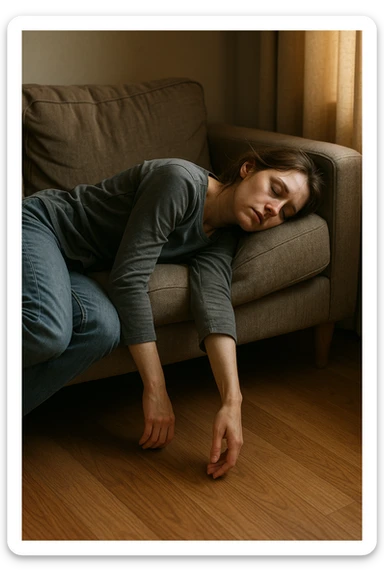Empathetic photorealistic shot of a woman collapsed on a sofa, her body completely limp as if made of lead. One arm hangs off the edge, touching the floor. Her eyes are closed, face pale with dark circles. The afternoon light is warm but fails to energize the scene, emphasizing her profound exhaustion. sticker
